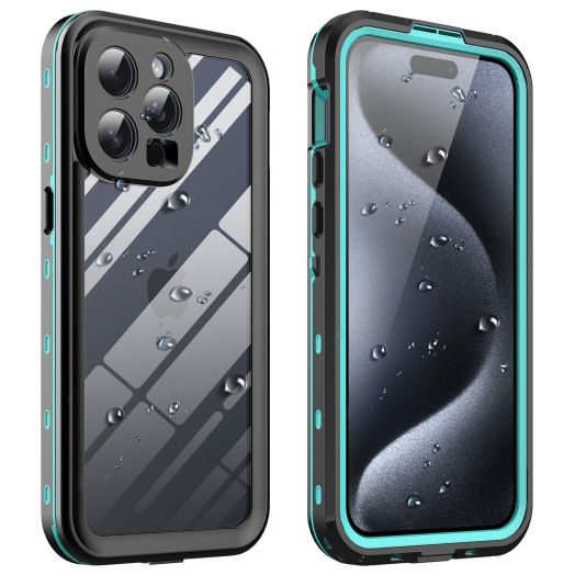 Ezanmull for iPhone 15 Pro Max Waterproof Case with Built-in Screen Protector Dustproof Shockproof Case, Rugged Full Body Underwater Protective Cover for iPhone 15 Pro Max 6.7" (Clear Teal)