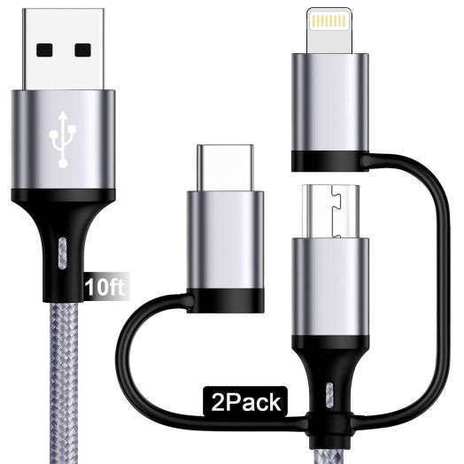 Multi Charging Cable [10ft 2Pack] 3 in 1 USB Charger Cable Nylon Braided Fast Charging Cords Chargers for Multiple Devices with Lightning/Type C/Micro USB/iPhone/iPads/Samsung Galaxy/Ps/Tablets &More