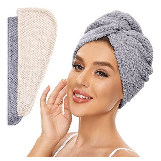 Microfiber Hair Towel for All Hair Style, 2 Pack Quick Drying Hair Turban - Perfect for Women, Men and Kids (Beige + Grey)