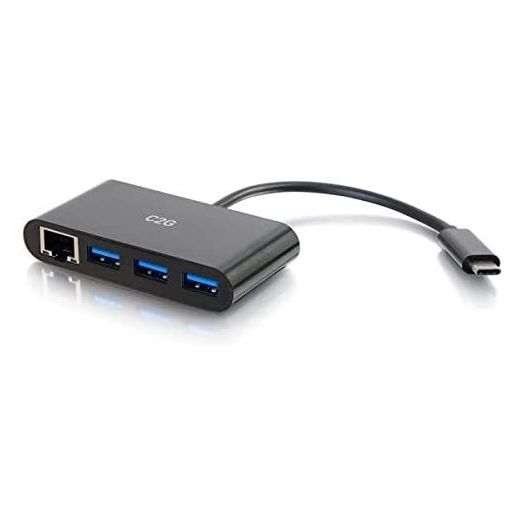 C2G USB Adapter, USB Hub, Ethernet Adapter with Power, 3 Port, Black, Cables to Go 29747