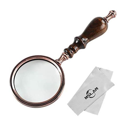 MSLAN Magnifying Glass, 10X Antique Copper Handheld with Wooden Handle and Real Glass, Macular Degeneration