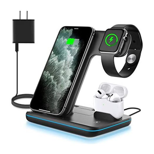 WAITIEE Wireless Charger 3 in 1, 15W Fast Charging Station for Apple iWatch 6/5/4/3/2/1,AirPods Pro,for 13Pro Max/13 Pro/13/12/11/11 Pro/X/Xr/Xs/8/Samsung Galaxy Phone Series (No Watch Charging Cable)