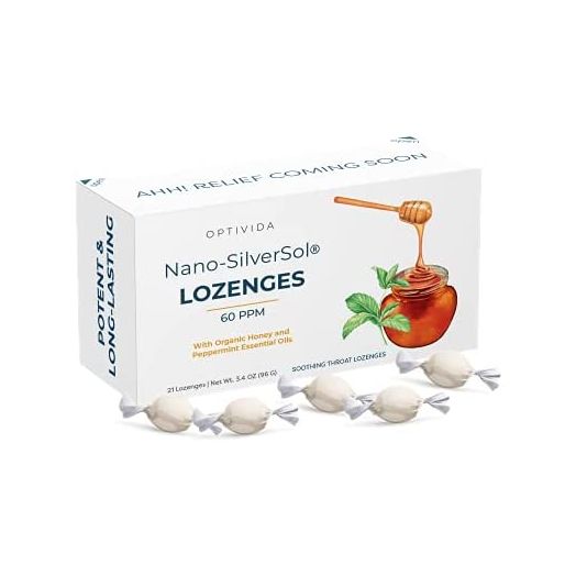 Optivida Health Original Natural Premium Nano-Silver Sol Lozenges 60PPM,Oral Health, Supports Immune System, Fast-Acting Cough Drops with Lemon Oil, Organic Honey and Peppermint Oil (1 Pack)