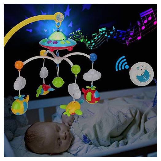 Baby Musical Crib Mobile with Hanging Rotating Toys, Remote Control, Lights Projector Function Music Box, Cartoon Rattles for Babies Boy Girl 0-24 Months, Newborn Sleep with 108 Melodies (Plane)