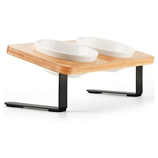 Ceramic Elevated Cat Bowls, 10° Tilted Raised Cat Food Bowls for Food and Water, Indoor Cat Dishes with Bamboo Stand Anti Vomiting for Cats and Puppy, Pet Bowl Set with Anti Slip Feet, Dishwasher Safe
