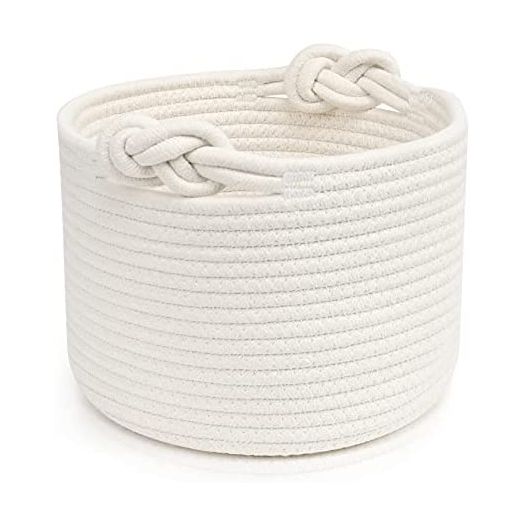 ABenkle Small Woven Basket, Cotton Rope Shelf Storage Basket, Dog Toy Cat Basket, Cute Baby Basket, Decorative Hamper for Nursery Laundry Bedroom Bathroom, Empty Gift Basket - White 9.4" x 9.4"x 7.1"