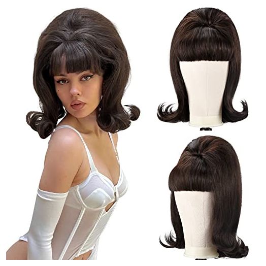 LONAI Retro Brown Wig 50s 60s 70s Wig with Bangs for Women Synthetic Hair for Halloween Costume Party