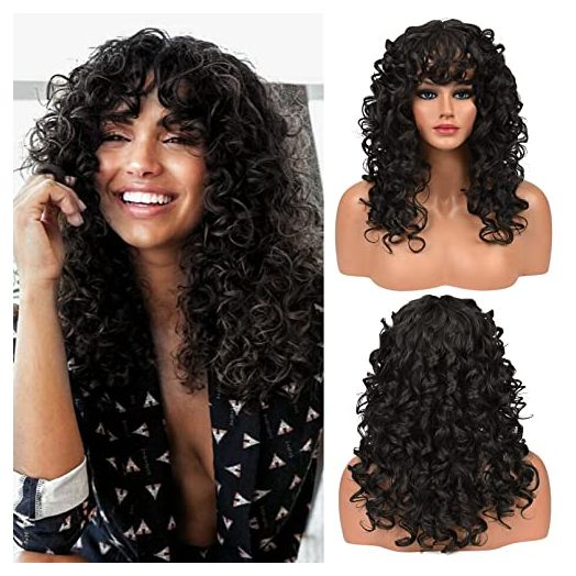 Curly Wig with Bangs for Women-LONAI Long 23Inch Black Kinky Wigs with Wispy Bangs Curly Gorgius Fringe Synthetic Wig for Daily Use Party Cosplay