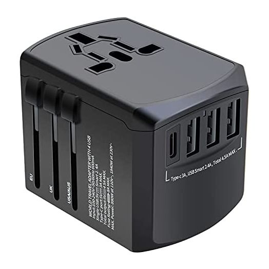 Travel Adapter, Universal Plug Adapter for Worldwide Travel, International Power Adapter, Plug Converter with 4 USB Ports, All in One 3.0A USB C Wall Charger AC Socket for EU UK AUS Asia Phone Laptop