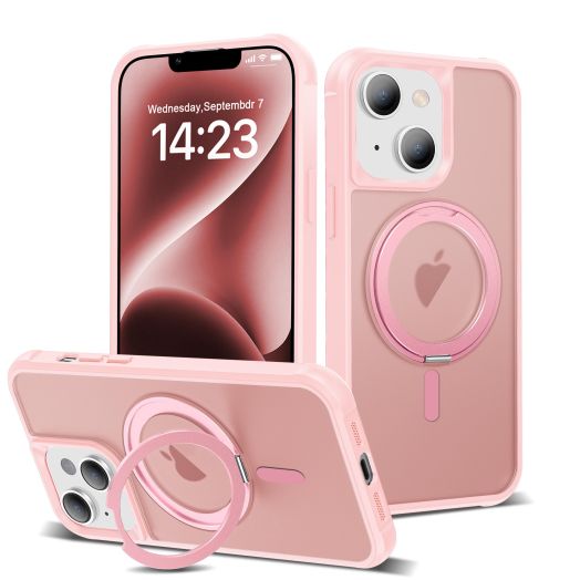 for iPhone 15 Case 6.1 Inches 360°Rotatable Magnetic Ring Invisible Stand,[Compatible with Mag-Safe] Military Shockproof Frosted Translucent Case,Pink