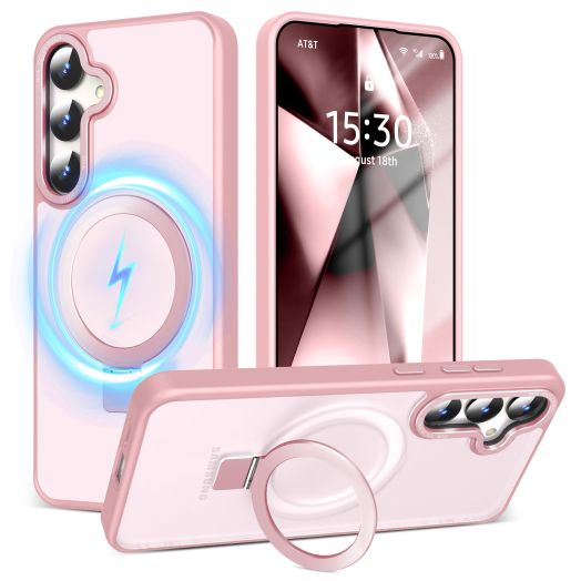 Magnetic for Samsung Galaxy S24 Case with Invisible Ring Stand [Compatible with MagSafe] [Military Grade Drop Protection] Shockproof Translucent Matte Back Cover for Women Men,Pink