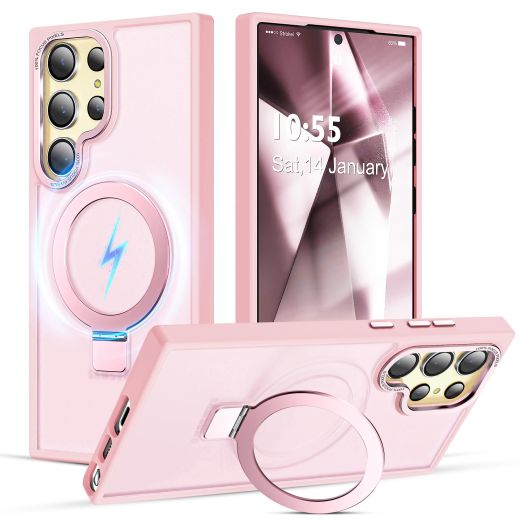 Magnetic for Samsung Galaxy S24 Ultra Case with Invisible Ring Stand [Compatible with MagSafe] [Military Grade Drop Protection] Shockproof Translucent Matte Back Cover for Women Men,Pink