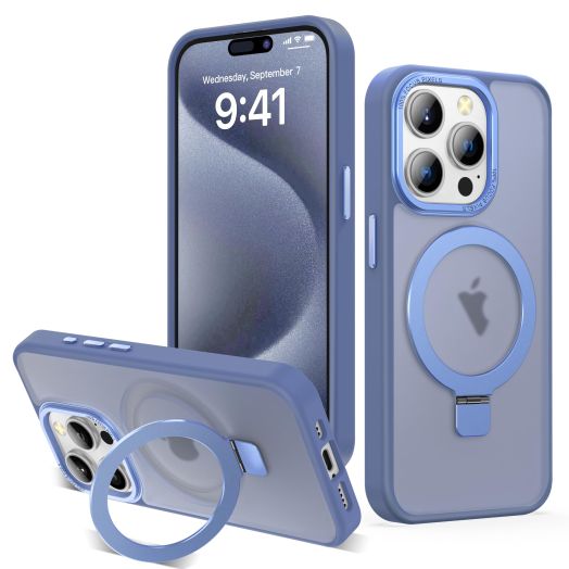 Magnetic Case for iPhone 15 Pro with Invisible Ring Stand [Compatible with MagSafe] [Military Grade Drop Protection] Shockproof Translucent Matte Back Cover for Women Men 6.1",Blue