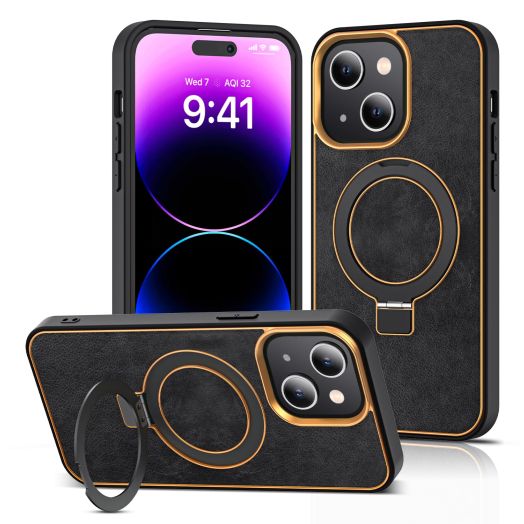for iPhone 13 Case Leather Business iPhone 14 Case with Magnetic Invisible Ring Stand Compatible with MagSafe Military Grade Protection Classic Luxury Slim Phone Cases for Women Men,Black