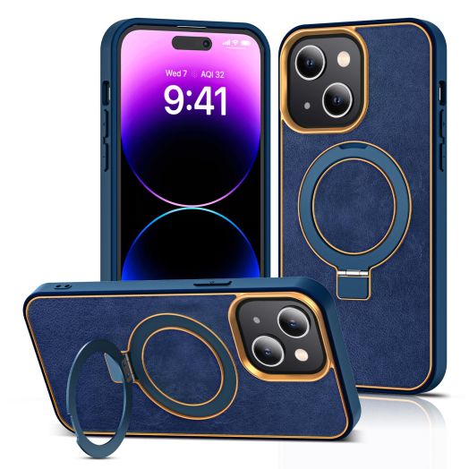 for iPhone 13 Case Leather Business iPhone 14 Case with Magnetic Invisible Ring Stand Compatible with MagSafe Military Grade Protection Classic Luxury Slim Phone Cases for Women Men,Blue