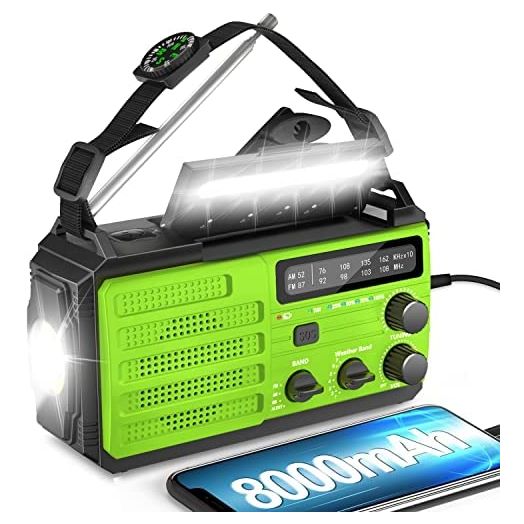 2022 Newest8000mAh Emergency Hand Crank Radio,AMFM NOAA Weather Alert Radio,Survival Solar Powered Radio with Super Bright Flashlight,Phone Charger,SOS Alarm,Compass for Hurricane,Outdoor Emergency