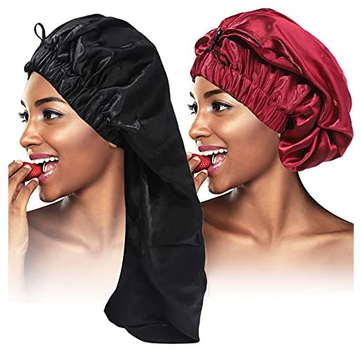 2PCS Satin Hair Braid Bonnet,Foldable Extra Long Bonnet for Braids with Button,Single Layer Sleep Cap,Soft Hair Sleeping Bonnet Cap for Black Women,Large Hair Loose Cap for Dreadlocks(Black+Wine Red)