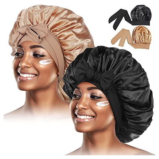 2Pcs Satin Bonnet for Black Women,Satin Hair Tie Bonnet,Jumbo Curly Hair Silky Bonnet,Soft Head Scarf Wrap Hair Bonnet with Tie Band,Adjustable Braids Bonnet Sleep Cap for Long Curly Hair(Black&Khaki)