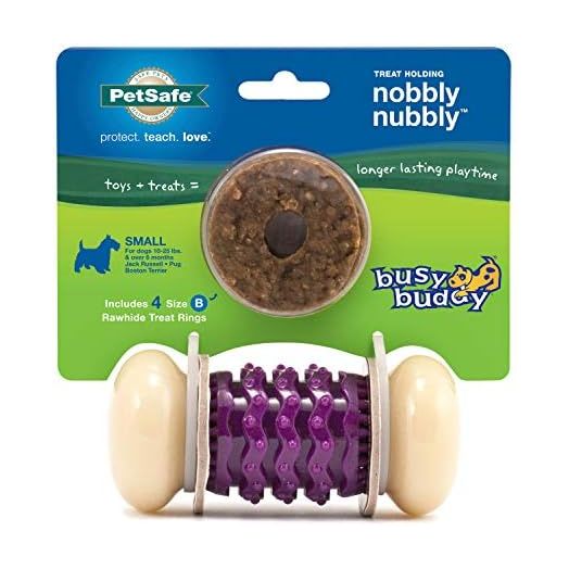 PetSafe Busy Buddy Nobbly Nubbly Treat Holding Dog Toy – Strong Chewers – Challenging - Treat Rings Included - Small, multi color