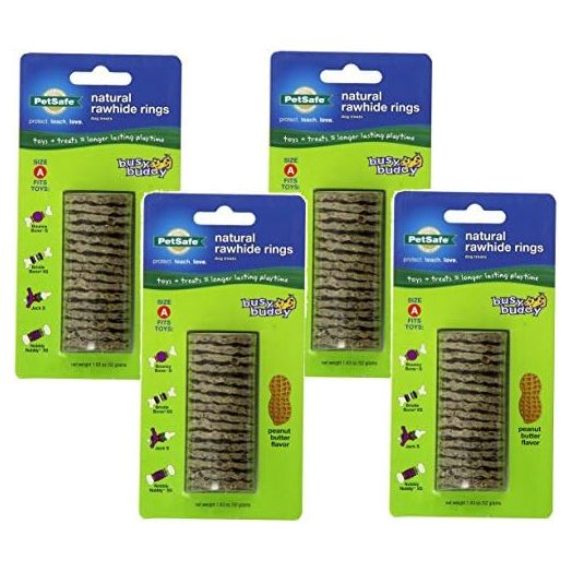 PetSafe (4 Pack) Busy Buddy Refill Ring Dog Treats for Select Busy Buddy Dog Toys, Peanut Butter Flavored Natural Rawhide, Size A