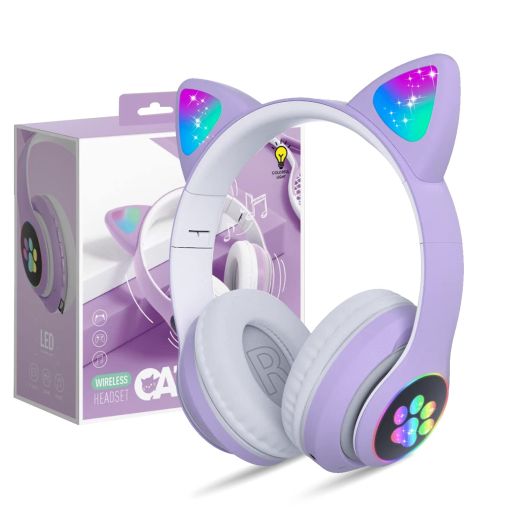 Bluetooth Headphones for Kids, Cute Ear Cat Ear LED Light Up Foldable Headphones Stereo Over Ear with Microphone/TF Card Wireless Headphone for iPhone/iPad/Smartphone/Laptop/PC/TV (Purple)