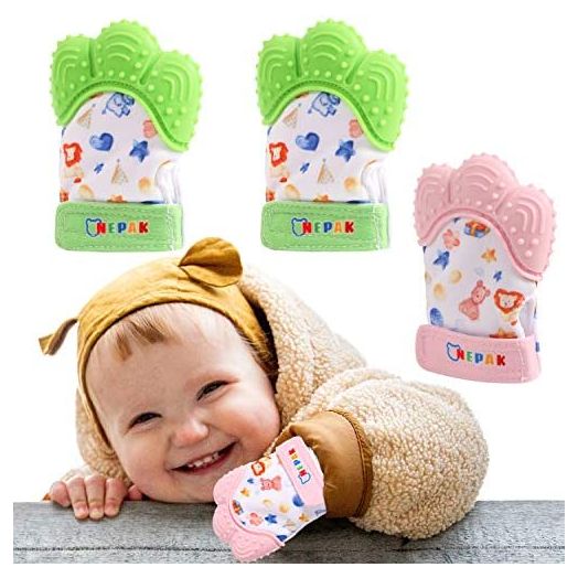 NEPAK 4 Pcs Soothing Teething Mitten,Silicone Teething Mitt,Stimulating Teether Toy,Self Soothing Pain Relief,for 3-6 Months Baby (Cartoon Puppet,Bright Green and Pink)