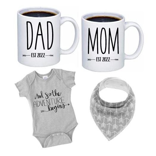 Pregnancy Gift Est 2022 - New Mommy and Daddy Est 2022 11 oz Mug Set with"and So The Adventure Begins" Romper (0-3 Months) - Top Mom and Dad Gift Set for New and Expecting Parents to Be - Baby Shower