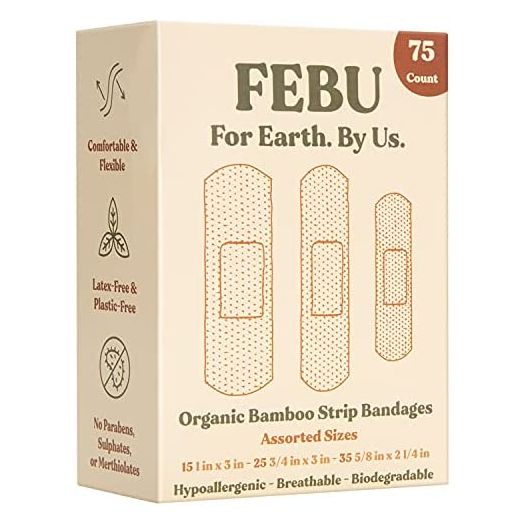 FEBU Eco-Friendly Organic Bamboo Fabric Bandages for Sensitive Skin | 75 Count Variety Pack | Latex Free, Hypoallergenic Bandages for Scrapes, Cuts & First Aid | Natural, Compostable, Flexible