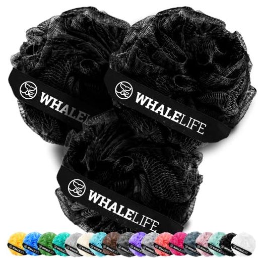 WhaleLife Bath Loofah Sponge Shower Pouf Puff For Men Women 3 Pack (Black)