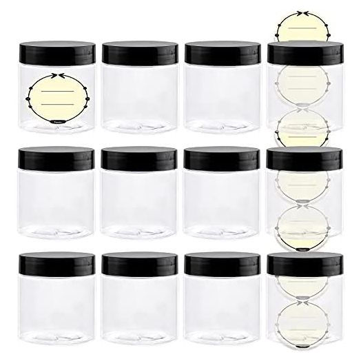 TUZAZO 4 Oz Plastic Containers with Lids and Labels BPA Free, Clear Empty Refillable Round 4oz Plastic Jars with Lids for Cosmetics, Lotions, Body Butter, Slime & Beauty Products (12 Pack)