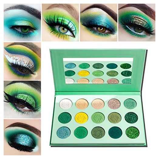 Afflano Green Eyeshadow Palette, Matte Glitter, 15 Color Pigmented Palette