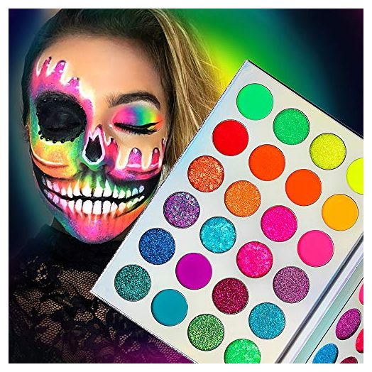 Neon Glitter Eyeshadow Palette Makeup,Afflano UV Glow Blacklight Highly Pigmented Palette Eye Shadow Pallets,Matte Bright Colorful Rainbow Blue Red Orange Purple Green Pressed Glitter Makeup Palettes