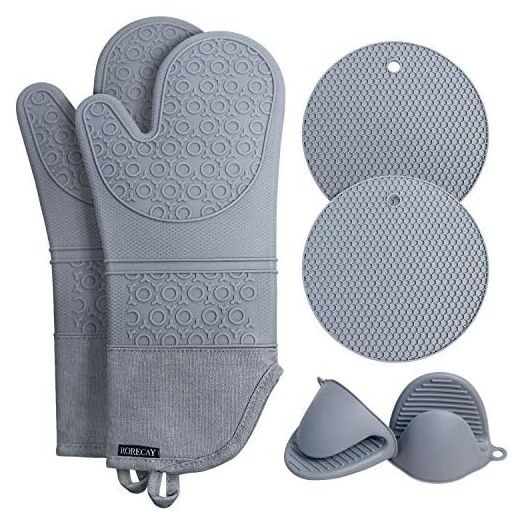 Rorecay Extra Long Oven Mitts and Pot Holders Sets: Heat Resistant Silicone Oven Mittens with Mini Oven Gloves