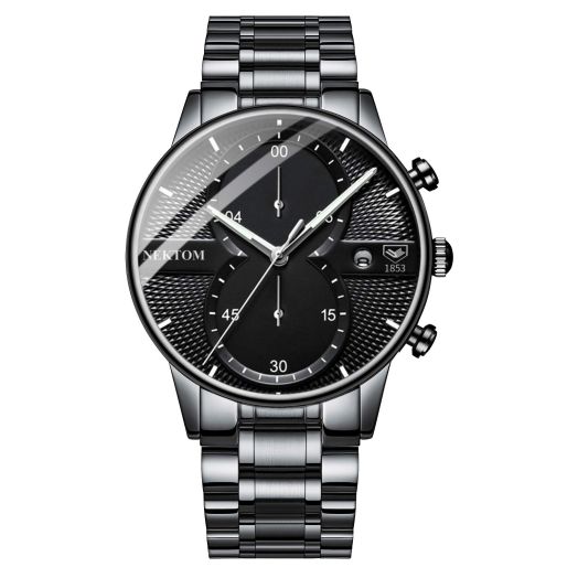 NEKTOM Watches for Men with Stainless Steel, Quartz Analog Watch with Date, Luxury Minimalist Dress Mens Watches, Chronograph Watch, 3ATM Waterproof, Black Wristwatch, Gifts for Men