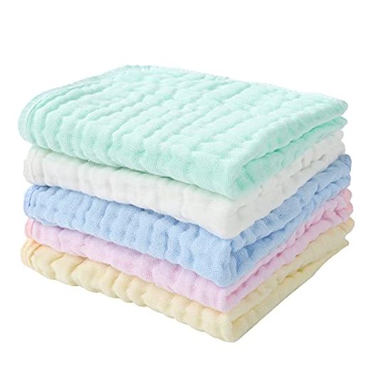 Baby Muslin Washcloths,Natural Purified Muslin Cotton Baby Wipes 6 Layer Absorbent Soft Newborn Baby Face Towel for Sensitive Skin ,Baby Registry as Shower 5 Pack 10x10 inches by CottCare