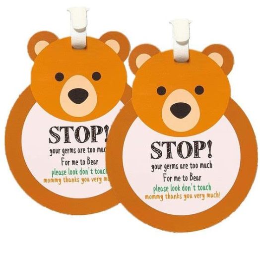 Bear-Stop,Please Look,Don't Touch Baby Sign Tag (Girl Sign, Newborn, Baby Car Seat Tag, Baby Bed Tag,Stroller Tag, Carrycot Basket Tag,Baby Preemie No Touching Car Seat Sign Tag) W/Hanging Straps