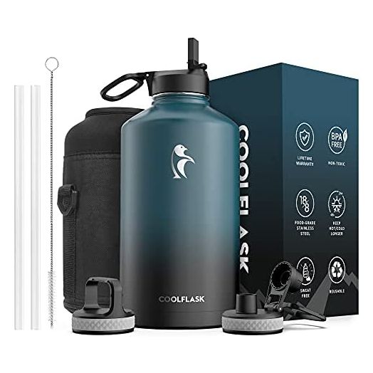 Coolflask 128 oz Water Bottle Insulated with Straw & 3 Lids, Stainless Steel