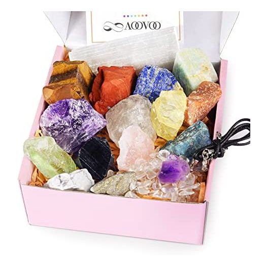 AOOVOO 17Pcs Crystals and Healing Stones, 14Pcs Real Raw Chakra Stones Set, Selenite Charging Plate, Amethyst Necklace, Rose Quartz, Gift Box, Guide for Beginners, Collection, Meditation, Yoga, Lady