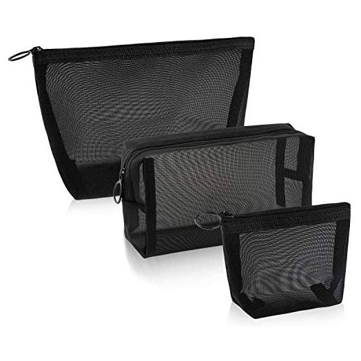 3 Pieces Mesh Cosmetic Bag Mesh Makeup Bags Mesh Zipper Pouch for Offices Travel Accessories, 3 Sizes (Black)