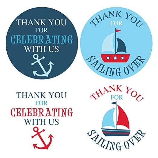 1.9 Inch Thank You Stickers Baby Shower Favor Nautical Boy 60 Labels Navy Blue Red