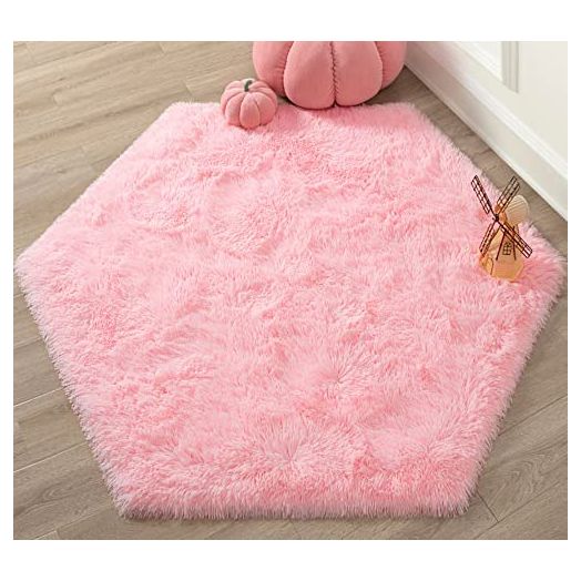 KIXINWA Pink Hexagon Rug for Princess Castle Play Tent, 4.6X4 Ft Fluffy Area Carpet for Girls Kids Room, Cute Nursery Rug for Baby Room Decor, Soft Non Slip Playroom Rug, Shaggy Plush Living Room Rug