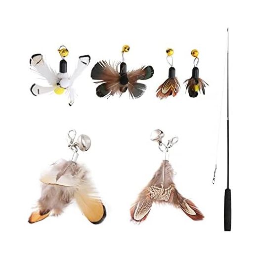 MiOYOOW Cat Wand Feather Toys, Cat Toy Feathers Cat Rod with 6 Feather Refills & Bells for Indoor Cats Kittens