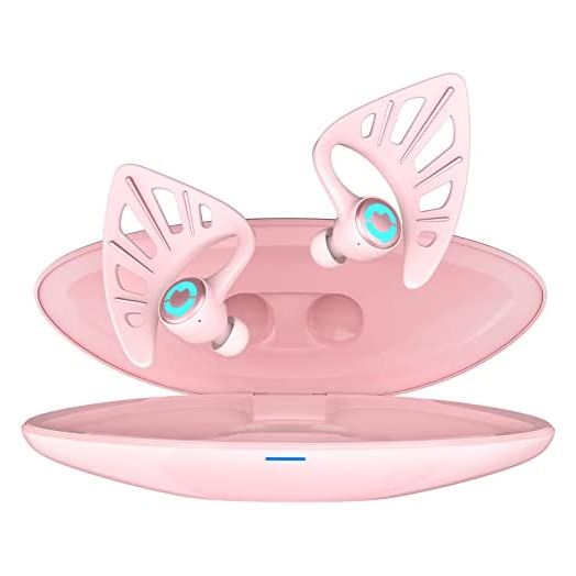 Yowu Elf Ear Headphones, Wireless 5.0 Earphones, 10 Colors RGB Effects with App Control, Dual Microphone Noise Reduction, IPX4 Water Resistant, Elf in-Ear Earbuds with Charging Case, Pink