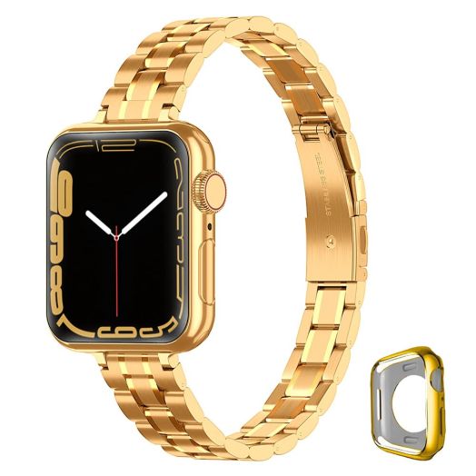 CSJCUBIC Metal band Compatible with Apple Watch Band 38mm 40mm 41mm 42mm 44mm 45mm for women, Slim and Thin Stainless Steel Replacement Adjustable Wristband for iWatch Series 7654321SE (Gold,
