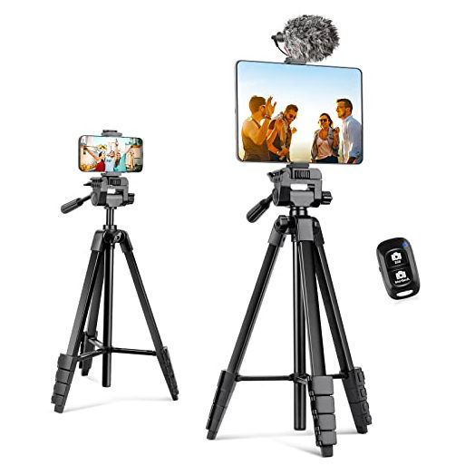 Aureday Phone Tripod Stand, 64” Extendable Cell Phone&Camera Tripod with Wireless Remote and Phone Holder, Aluminum iPad Tripod for Video Recording/Selfies/Live Stream/Vlogging Black