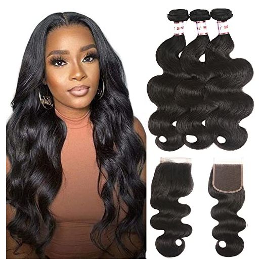 Karbalu 10A Brazilian Human Hair Body Wave 3 Bundles with Lace Closure 4x4 Free Part 100% Unprocessed Remy Human Hair Bundles with Closure Wet