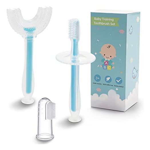 3 in 1 Baby Training Toothbrush Set - Infant to Toddler Toothbrush Oral Care Silicone Toothbrush for Baby - Food Grade Silicone,Extra Soft Bristles,Perfect for 0-24 Months(3-Pack,Blue)