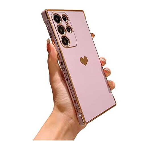 PHYLLA Samsung Galaxy S22 Ultra 5g Phone Case,Luxury Gold Plating Cute Love Heart Side Small Pattern Phone Case for Women,Camera Protection Soft Silicone Airbag Shockproof Bumper Cover (Purple)