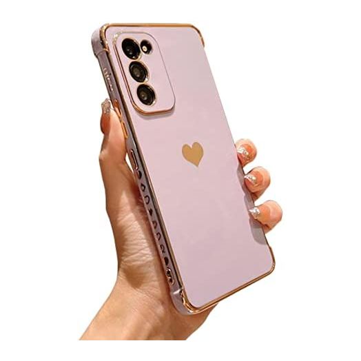 PHYLLA Samsung Galaxy S20 FE 5g Phone Case,Luxury Gold Plating Cute Love Heart Side Small Pattern Phone Case for Women,Camera Protection Soft Silicone Airbag Shockproof Bumper Cover (Purple)