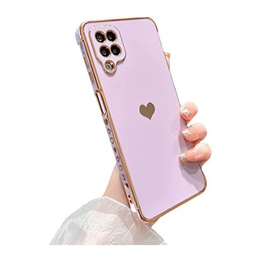 PHYLLA Compatible with Samsung Galaxy A12 6.5” Phone Case, Cute Love Heart Gold Plating Edge Luxury Elegant Heart Purple Case for Women Camera Protector Soft Silicone Shockproof Protective Cover